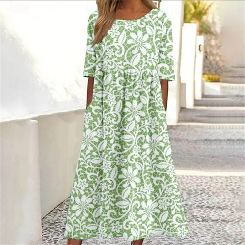 Ladies Casual Crew Neck Pullover Short Sleeve 3D Printing Pleated Waist Swing Long Dress Dress m301299