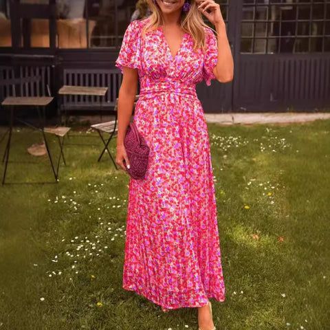 Temperament printed waist V-neck dress m301307