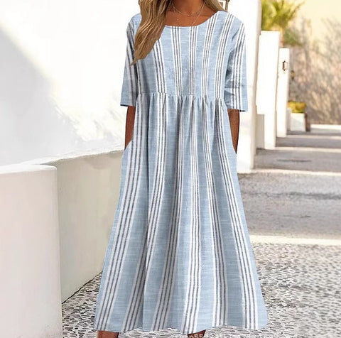 Ladies Casual Crew Neck Pullover Short Sleeve 3D Printing Pleated Waist Swing Long Dress Dress m301299