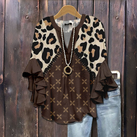 Creative floral element printing digital printing casual trend V-neck lotus edge T-shirt women's m301769