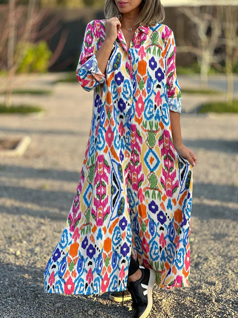 Elegant square neck long sleeve printed shirt skirt dress m302321