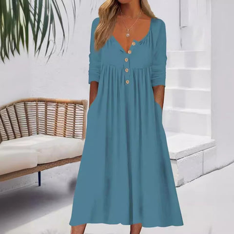 Casual button solid color simple long sleeve long dress m302272
