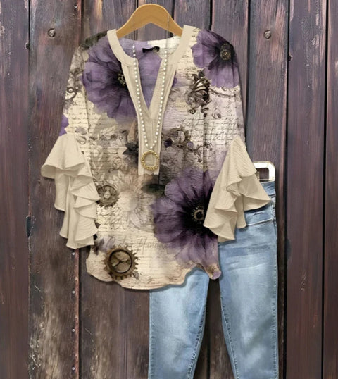 Digital printing casual trend V-neck lotus edge T-shirt women's m302725-2