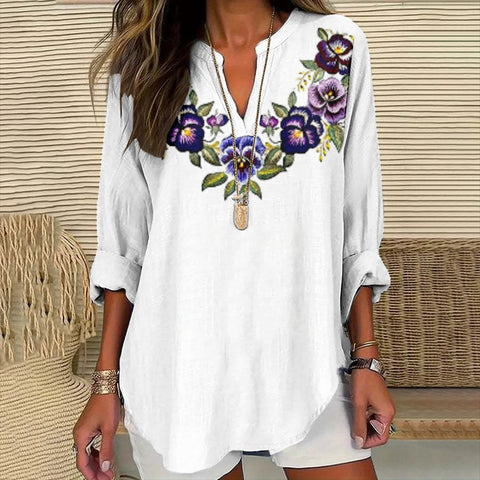 Loose 3D Printed V-Neck Shirt Long Sleeve T-Shirt m301360