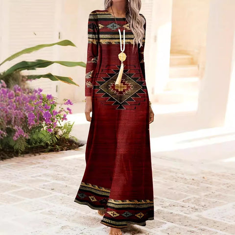 Geometric printing round neck long dress retro ethnic long dress m300711