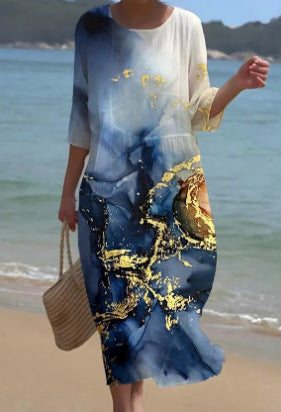 Loose crew neck fashion high-end long-sleeved printed dress m301053