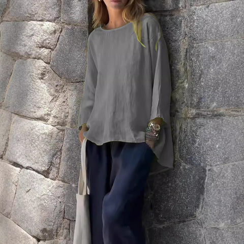 Women's nine-quarter sleeve crew neck cotton and linen loose shirt top m302007