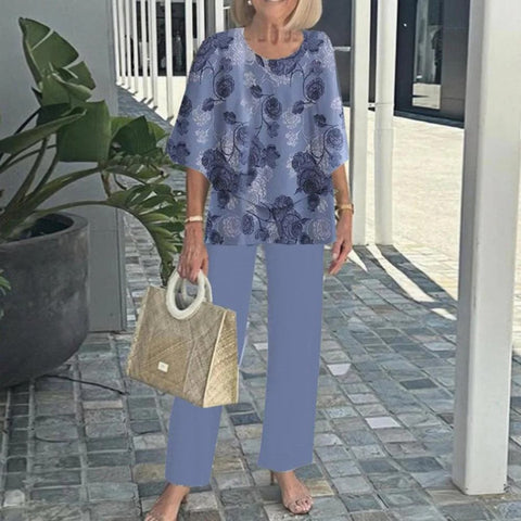 Casual round neck medium sleeve top printed flower pants set two-piece set m301465