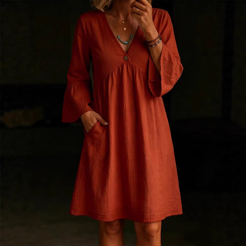 Elegant loose button V-neck solid color women's dress m302734