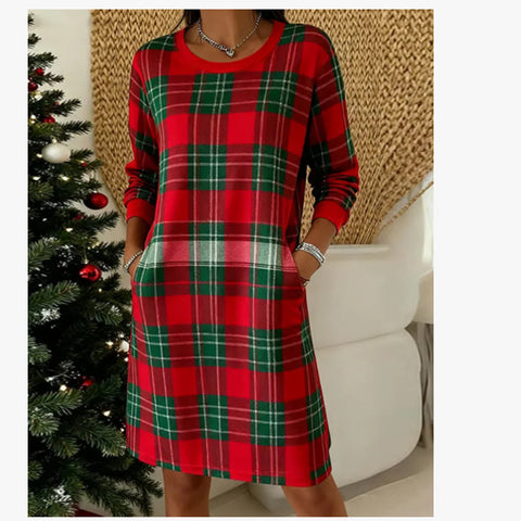 Christmas plaid crew neck long sleeve dress retro style m302138