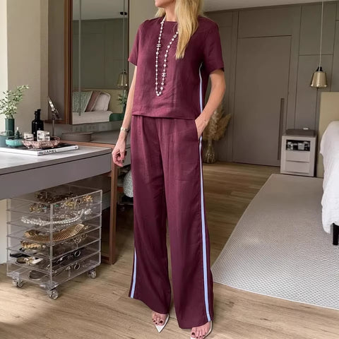 Crew neck pullover new trousers cotton and linen multi-color women's suit m302722