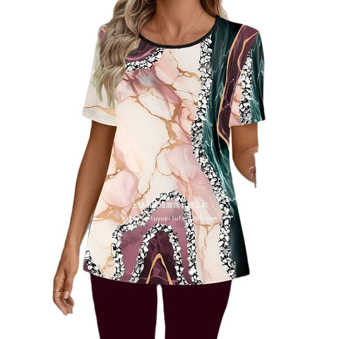 Women's Fashion Marble Print Crew Neck Short Sleeve T-Shirt & Leggings Set m302817