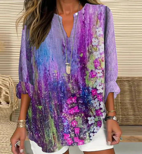 Loose 3D Printed V-Neck Shirt Long Sleeve T-Shirt m301360