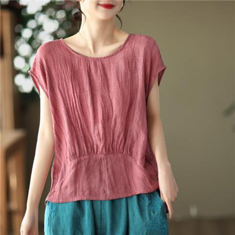 Vintage twisted pleated pendulum tencel ramie top femininity short-sleeved literary jumper m302056