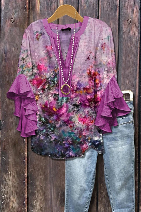 Digital printing casual trend V-neck lotus edge T-shirt women's m302725-2