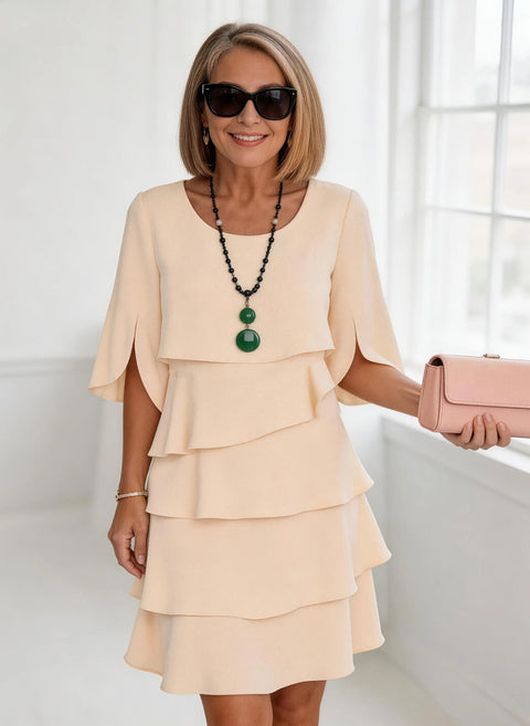 Fashion solid color round neck cake skirt splicing dress women's m302730