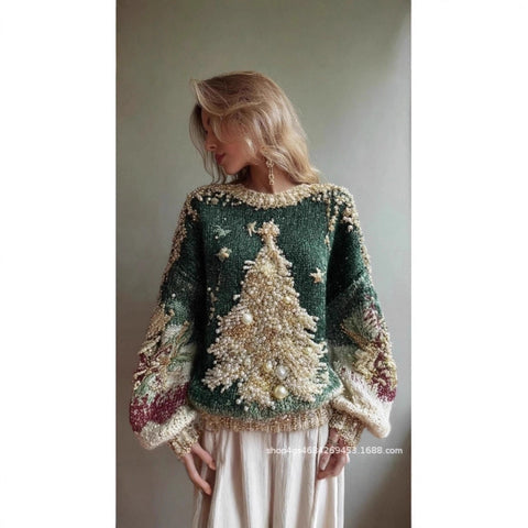 Knitted Women's Christmas Crew Neck Long Sleeve Pullover Women's m302124