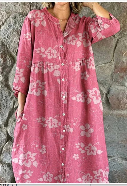 Women's Loose Crew Neck Fashion Premium Long Sleeve Printed Shirt Dress m301050