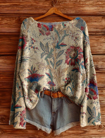 Vacation print casual cape top crew neck knitted sweater m302130