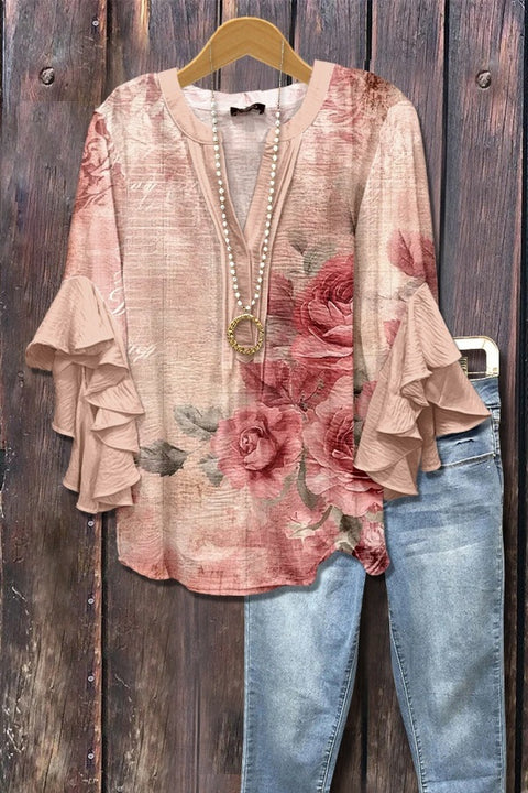 Digital printing casual trend V-neck lotus edge T-shirt women's m302725-2