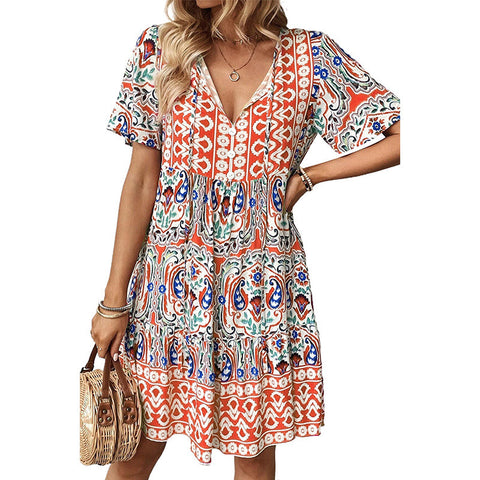 New V-neck dress fashionable loose bohemian print skirt m300994