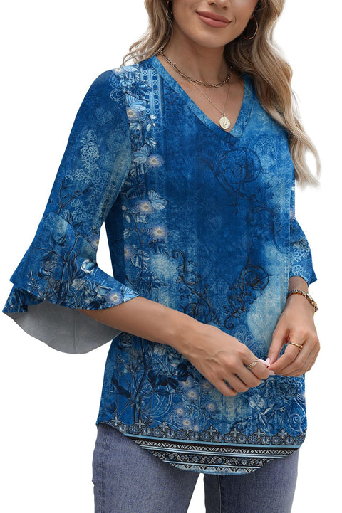 Solid color knitted printed V-neck ruffle edge seven-quarter sleeve loose top m301522