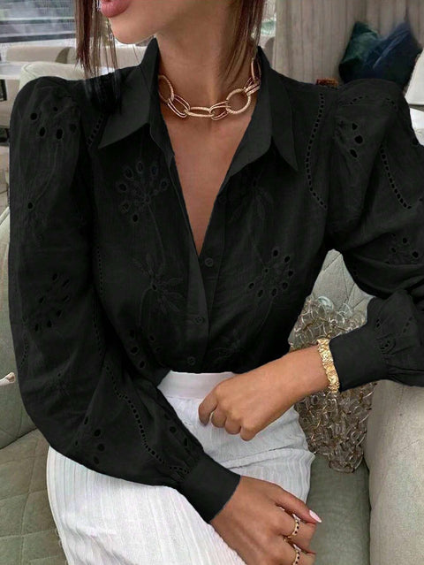 New single-breasted solid color embroidery loophole long-sleeved lapel shirt women's upper m301024