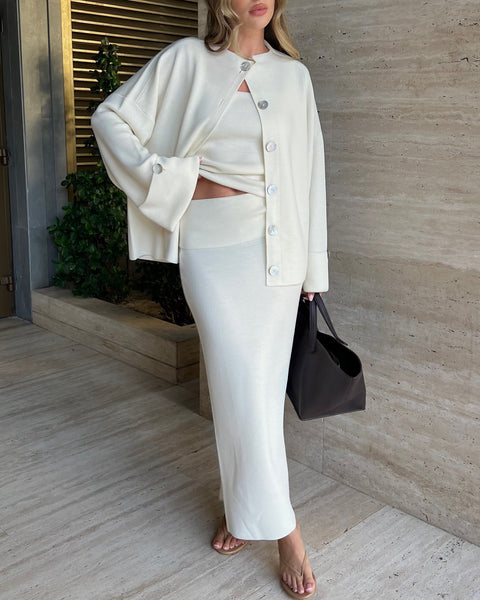 Knitted long-sleeved cardigan + suspender vest + skirt set women's autumn and winter sweater set m301780