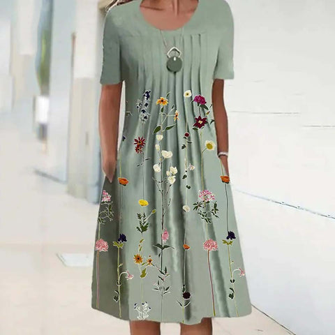 Spring/Summer Floral Print Crew Neck Pocket Medium Length Dress m300905