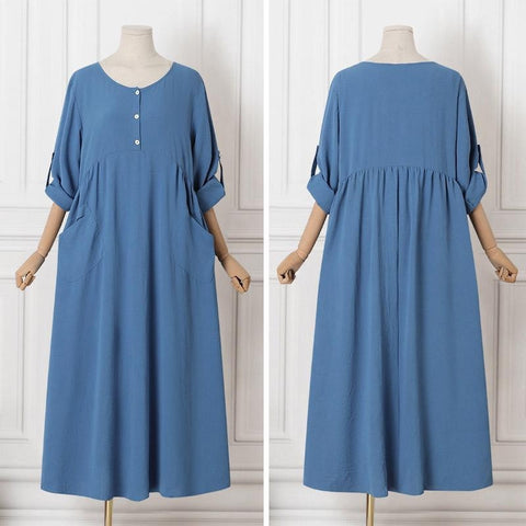 Women's Casual Loose Flip Sleeves Long Sleeves Crew Neck Pocket Large Size Cotton and Linen Dress Women's M302067