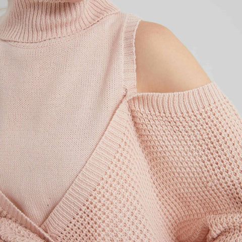 Autumn and winter turtleneck off-the-shoulder sweater, gentle wind, high-end sense, solid color knitted double-layer design sense, long-sleeved women's clothing m301923