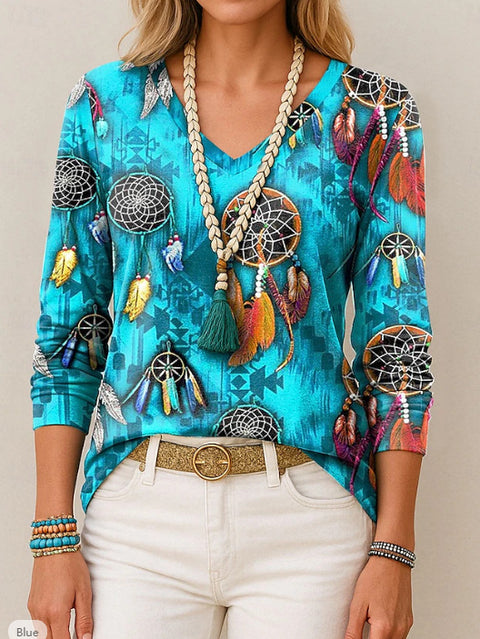 Printed loose long-sleeved V-neck T-shirt m301566