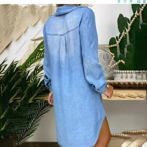 Long Sleeve Buckle Pocket Solid Color Denim Shirt Dress m300718