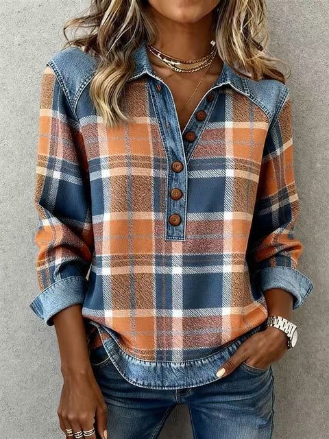 Wind knitted lapel long-sleeved shirt women's autumn and winter versatile casual shirt splicing denim m302241
