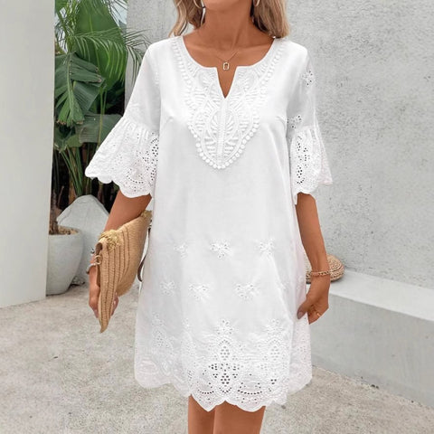 Hollow embroidery fashion casual lace v-neck five-quarter sleeve dress m301469