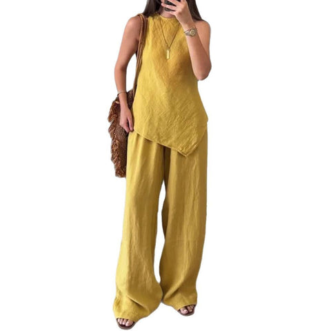 Casual round neck pullover sleeveless plus pocket trousers cotton multi-color m301437