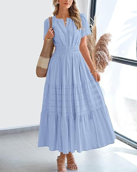 Fashion V-neck pleated bubble sleeves layered pendulum dress women m302009
