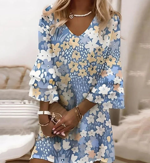 Fresh printed V-neck 3/4-sleeve mini women's dress m302854