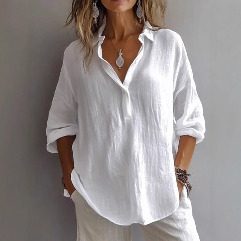 Solid color casual loose long-sleeved linen V-neck shirt m301732