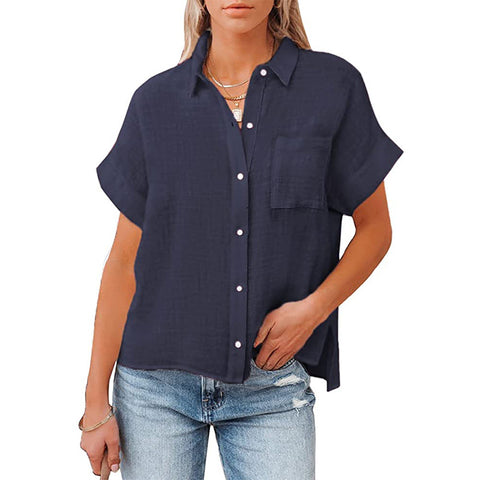 New cotton and linen short-sleeved casual side slit pocket shirt m300983