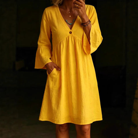 Elegant loose button V-neck solid color women's dress m302734