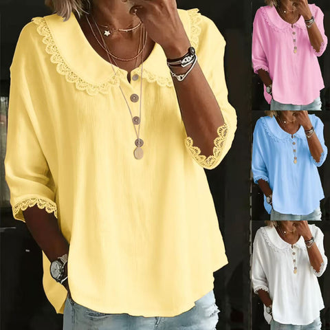 Women's casual loose fashion lapel lace solid color button-down shirt m302339