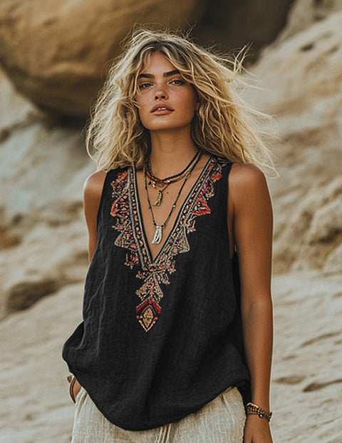 Plant flower print V-neck ethnic tribal vest top m301533
