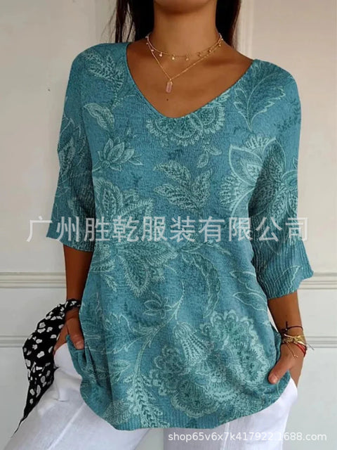 V-neck 3D printed geometric pattern five-quarter sleeve T-shirt top m302777
