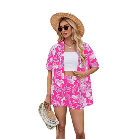 New floral print short-sleeved shirt top elastic waist shorts set m301033