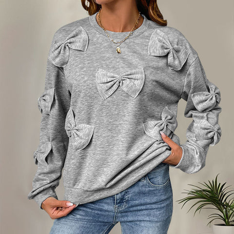 Bow stitching grey crew neck sweater m300824