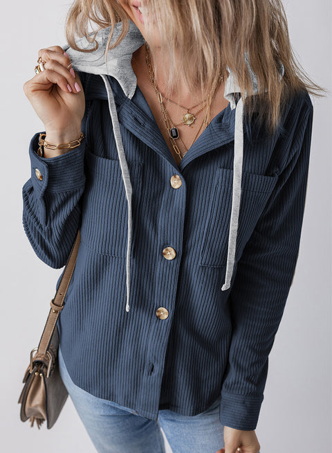 Lapel buckle cardigan purse hooded pull rope striped jacket women m301008