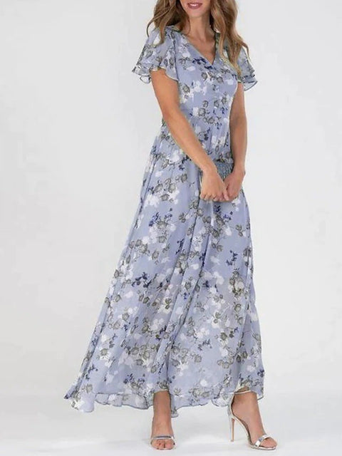 Beach pendulum long dress chiffon floral short-sleeved ruffle V-neck fashion waist dress m301342