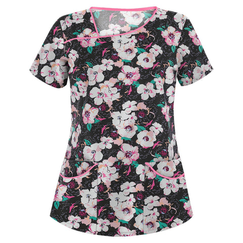 Printed V-neck short-sleeved pocket T-shirt women's top m301596