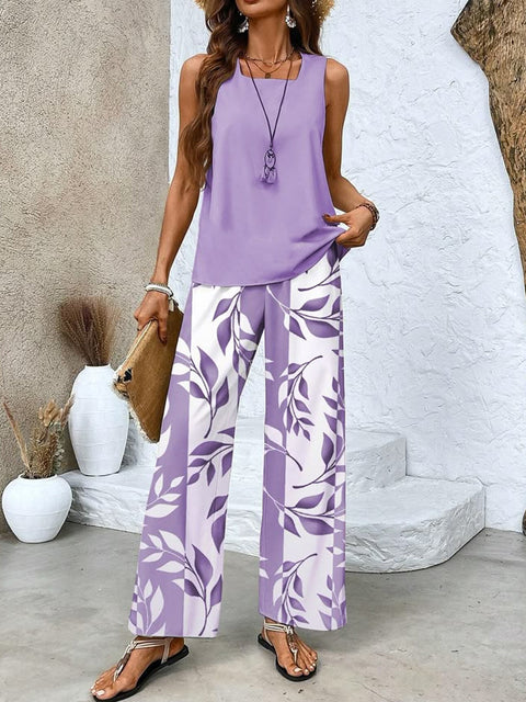 Casual square neck pullover vest plus trousers digital printing women's two pieces m301436